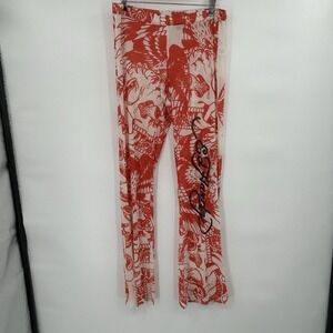 Ed Hardy Womens Y2K Tattoo Print Skull Mesh Flare Pants Sz L Sheer Grunge Punk